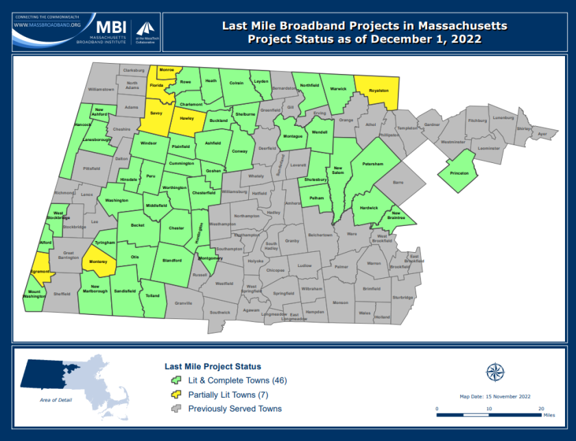 A new state map, released Dec. 1, 2022, shows progress on expanding broadband to western and central communities. 43 towns are marked as fully connected and 7 as partially so.