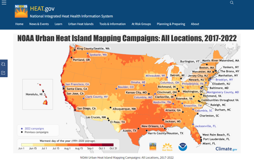 Screenshot of heat.gov, which lists 2017-2022 locations of NOAA's UHI mapping campaign.