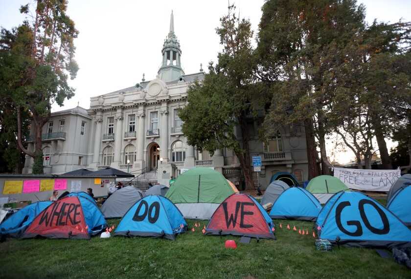A homeless encampment outside Berkeley City Hall
