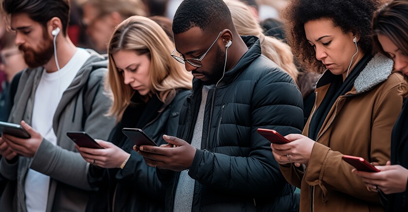 People looking down at smartphones in their hands