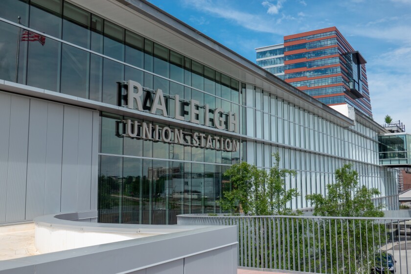 The exterior of a new train station in Raleigh, N.C.
