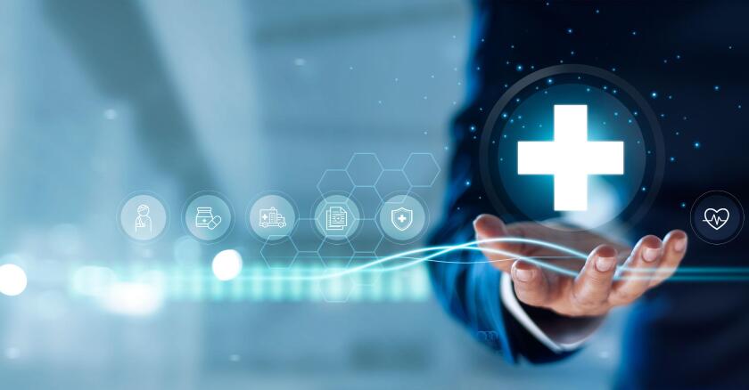 Businessperson in suit holds a white plus sign among several other cyan-colored medical network connection icons.