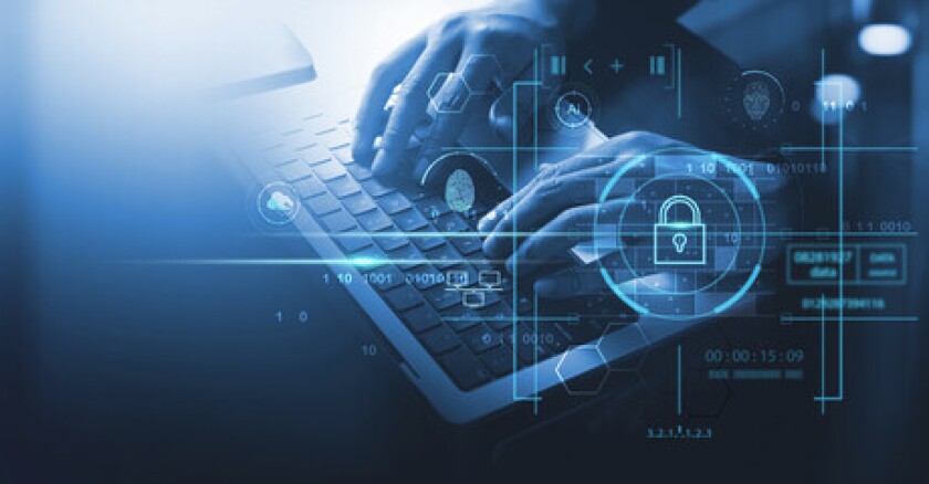 Double exposure ands typing on a keyboard with lines of code over the image.