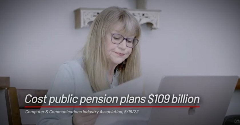 Screenshot from a video ad featuring a retired schoolteacher worried about her pension.