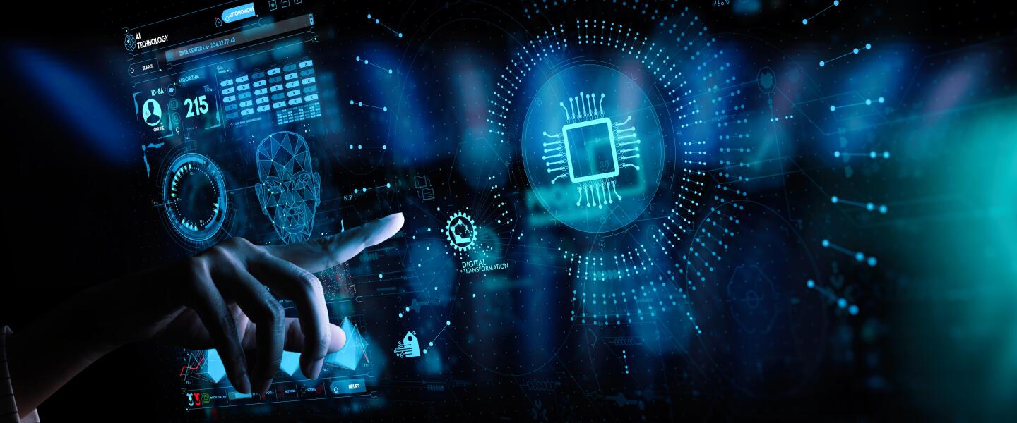 Hand working with Digital transformation change management and internet of things (IoT) Ui.