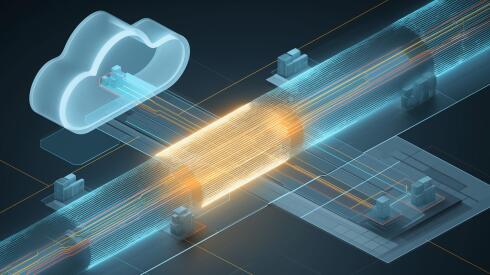 A could icon in light blue connected to a layout of a pipeline, also in blue but with one section illuminated yellow. Dark background.