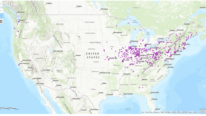 A map of the U.S. with purple dots on the locations that have combined sewer systems. The vast majority of the dots are concentrated in the Northeast.