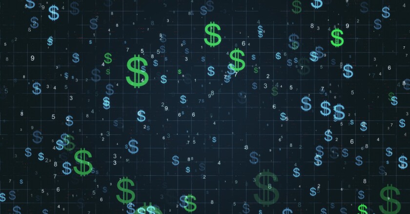 Green and blue dollar signs of different sizes against a dark background.