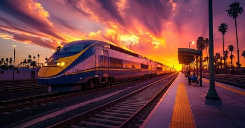 The California high-speed rail train stopped at a station with a sunset in the background.