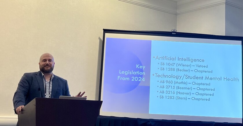 A man stands at a podium with a presentation screen to his right. The screen says, "Key Legislation from 2024" and lists several bills about artificial intelligence and technology from 2024 in California.