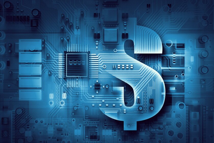A dollar sign layered over a circuit board.