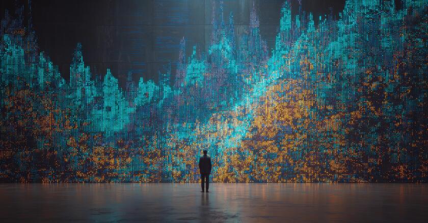 Silhouette of a person standing before a large wave of data points in blue and yellow.