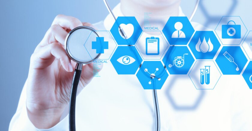 A doctor using a stethoscope. Blue and clear hexagon tiles have different symbols for health.
