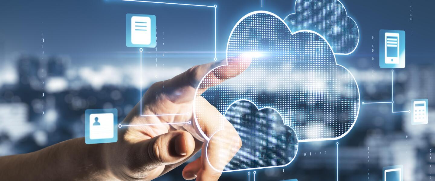 Cloud service concept with man finger touching digital screen with cloud service application icons at abstract city background