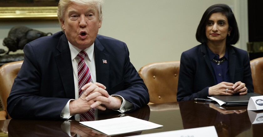 President Donald Trump, left, and Administrator of the Centers for Medicare and Medicaid Services Seema Verma
