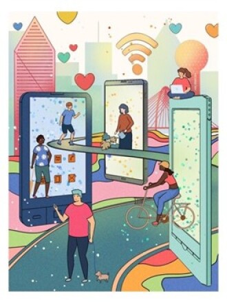 Three Internet-enabled devices appear to resemble homes, and people are coming in and out of them to represent community. Multicolored illustration also features floating hearts and a Wi-Fi symbol.