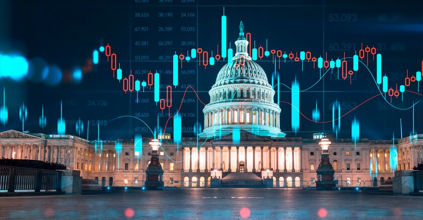 US Capitol building at night with data graph overlay