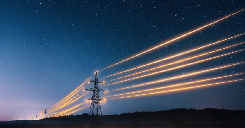 Electricity,Transmission,Towers,With,Orange,Glowing,Wires,The,Starry,Night