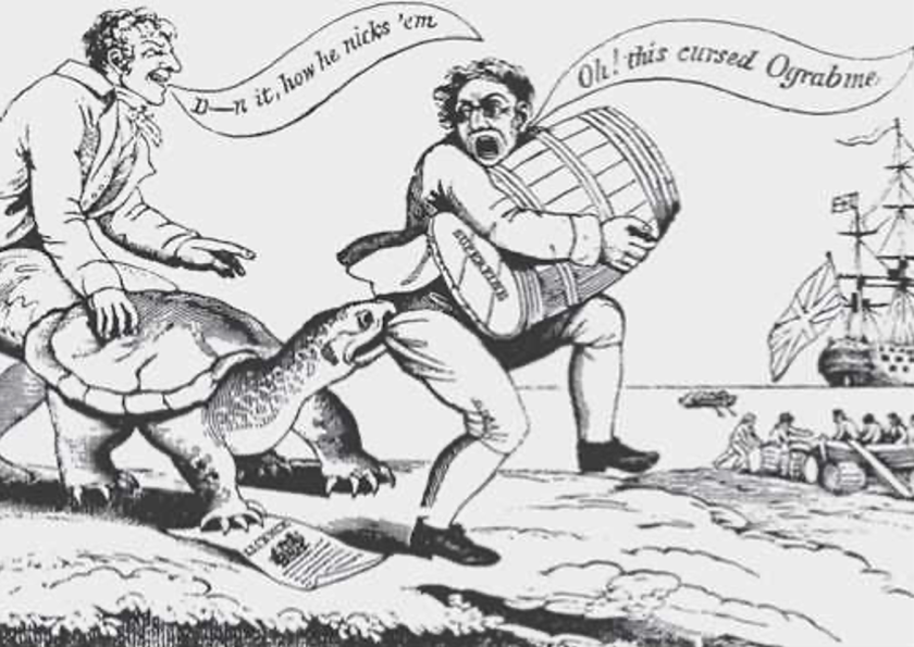 A cartoon opposing the Embargo Act, in which the cartoonist depicts the embargo as a turtle preventing a smuggler from selling a keg of New England rum to the British. The word “ograbme” appears as “embargo” spelled backwards.