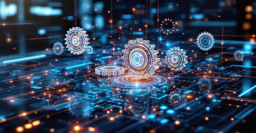 Digital gears over a blue and orange digital network.