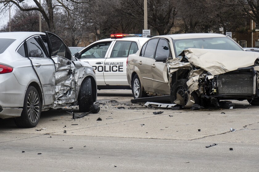 Two crashed cars in Milwaukee.