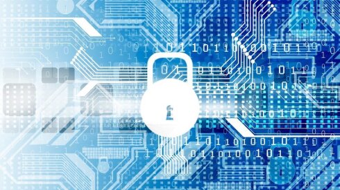 an image of a white lock on top of technological images, like code and geometric lines