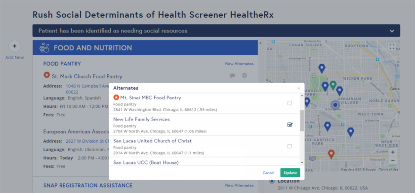 Screenshot showcasing HealtheRx, a personalized list of social and community resources, that can be further curated by finding alternate services, adding personal favorites, and adding comments that best address the person’s need.