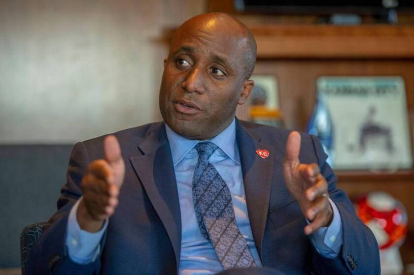 Kansas City Mayor Quinton Lucas gesturing with both hands while speaking.