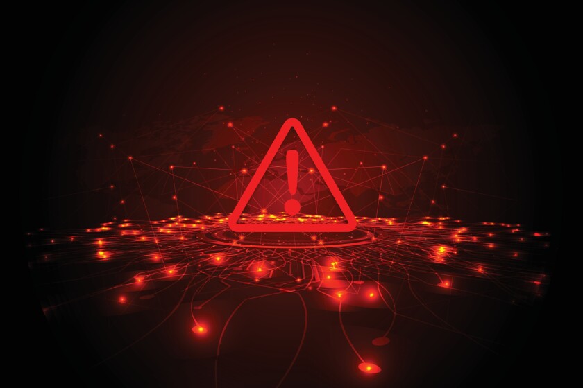 A hacking concept image of red exclamation mark over an infected network.