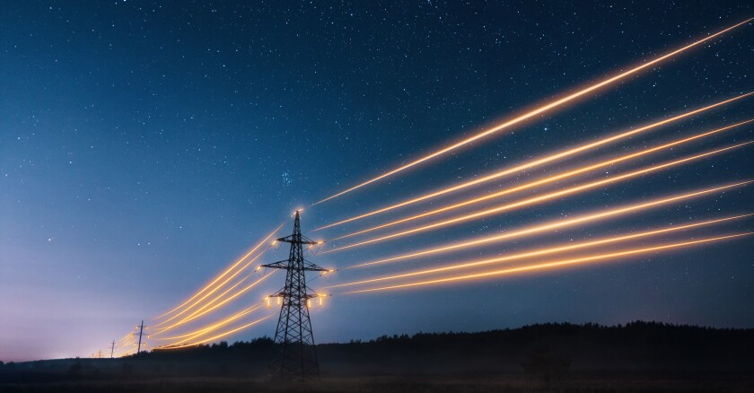 Electricity,Transmission,Towers,With,Orange,Glowing,Wires,The,Starry,Night