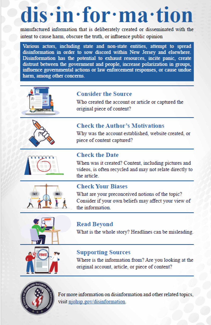 Fact sheet on detecting disinformation, from the New Jersey Office of Homeland Security and Preparedness’s new disinformation portal.