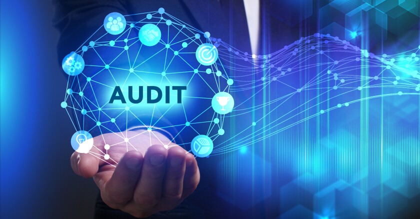 A person holding out their upturned hand with the word "audit" hovering above it.