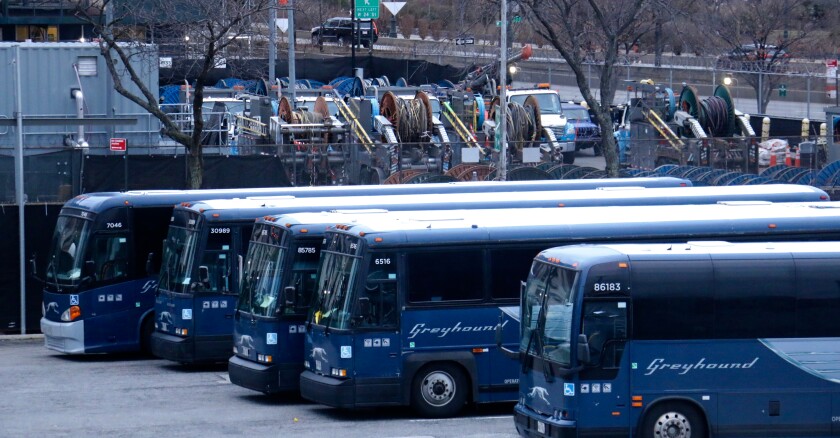 New,York,,Ny,-,January,1,2020:,Greyhound,Buses,Parked