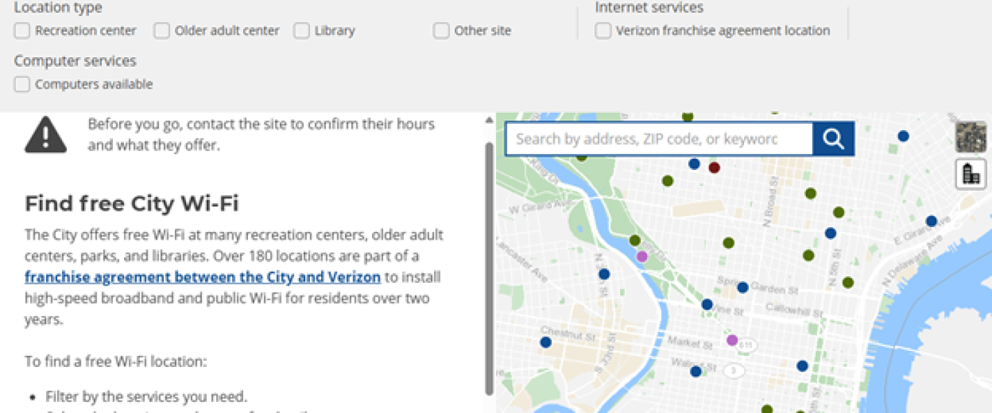 Image of Philly Free Wi-Fi Finder which shows a map of locations and the ability to filter by location type.