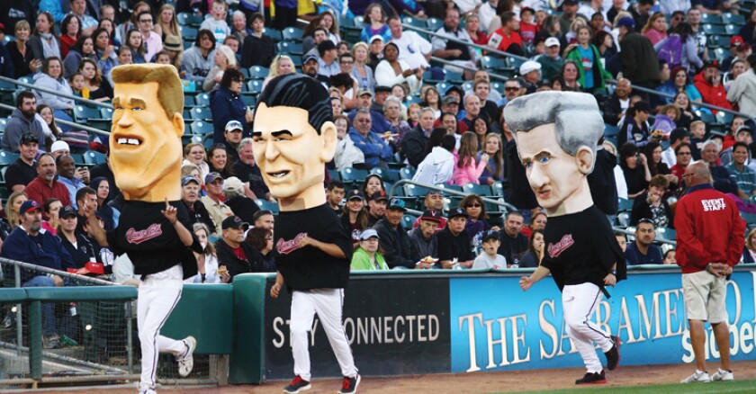 The Sacramento River Cats' Heads of State race, where three giant mascots of past governors -- Ronald Reagan, Arnold Schwarzenegger and Gray Davis -- race around the stadium.