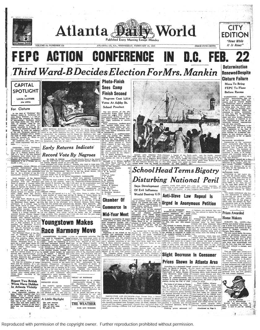 The front page of the Atlanta Daily World the day after the special election for Georgia House representative with a headline that reads, “Third Ward-B Decides Election for Mrs. Mankin.”