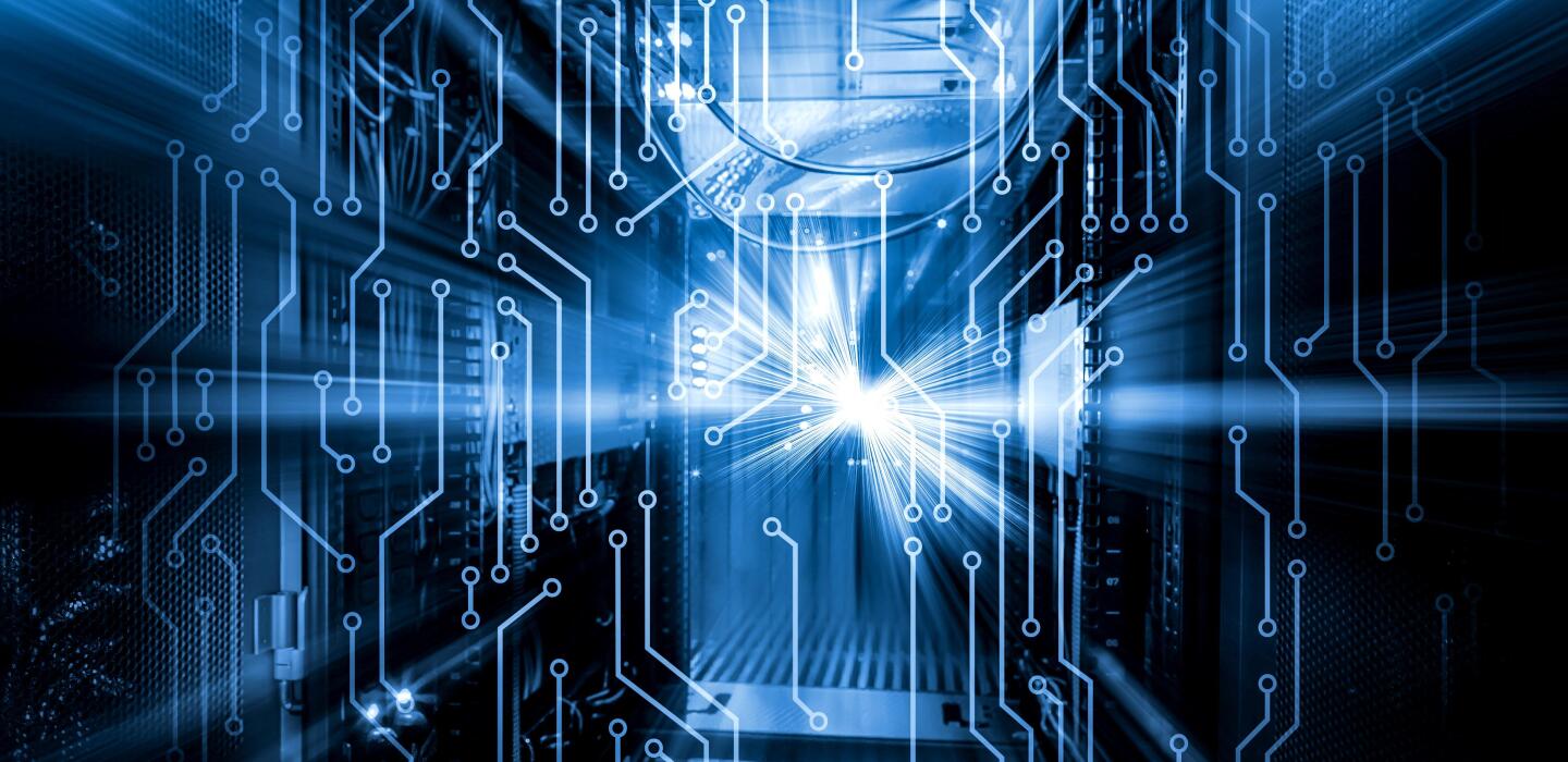 3D render inside the supercomputer, the concept of computing, the motherboard spike, bright flashes against the background of the supercomputer in a blur