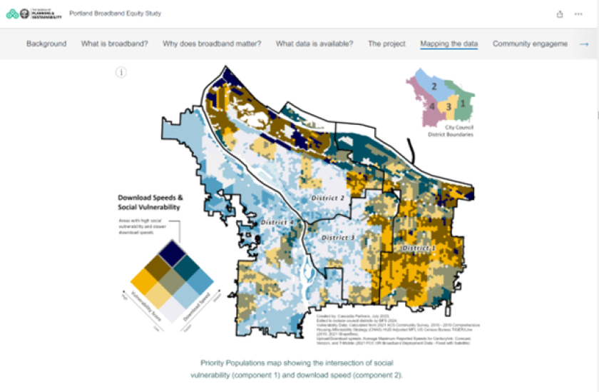 Screenshot of the Priority Populations map, which shows the intersection of social vulnerability and download speed in Portland. Data is layered in yellow and blue and can be found at https://storymaps.arcgis.com/stories/099c9ae9cfdd4ef4b9c08ac5df999cf7.