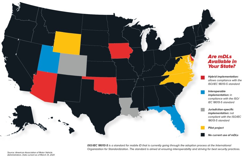 map of the United States showing where each state is in their development of mobile driver's licenses