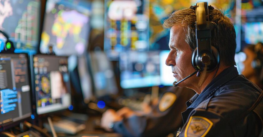 An emergency response station with a computer bank and man in uniform wearing headsets. AI generated from Adobe Stock.