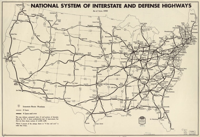 A 1958 map of the Interstate Highway system.