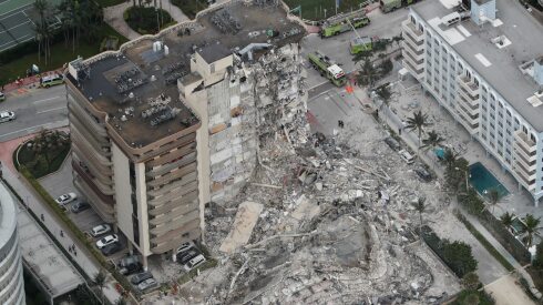 A partially collapsed condo building in Miami, Fla.