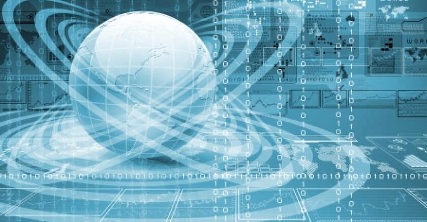 the Earth with rings around it and ones and zeros overlapping it. In the background are different maps.