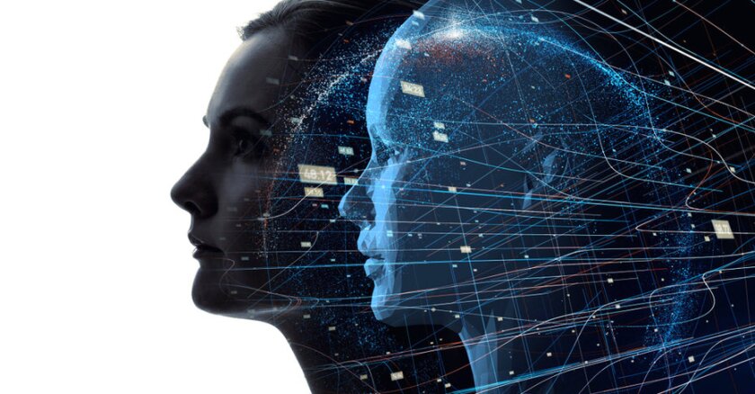 A digital side profile overlapping a person's side profile to indicate artificial intelligence.