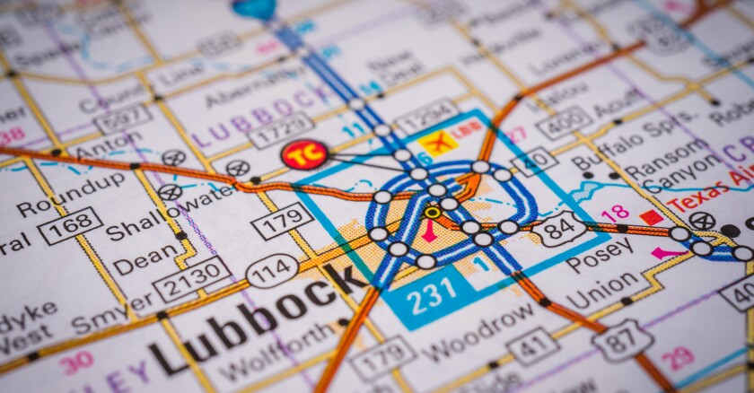 A closeup of Lubbock on a map.