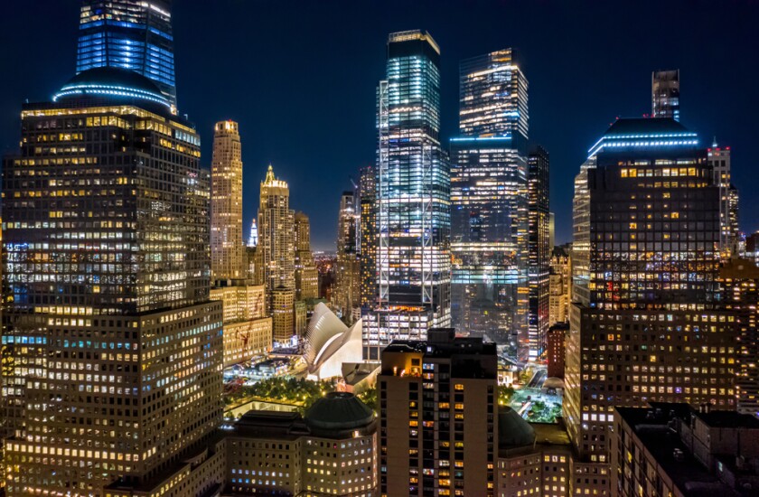 Aerial,Drone,View,Of,New,York,Skyscrapers,At,Night,In
