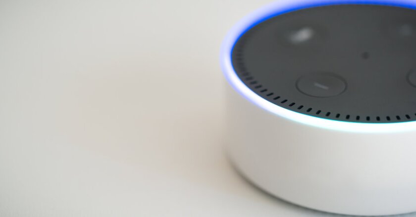 Closeup of a white Echo Dot.
