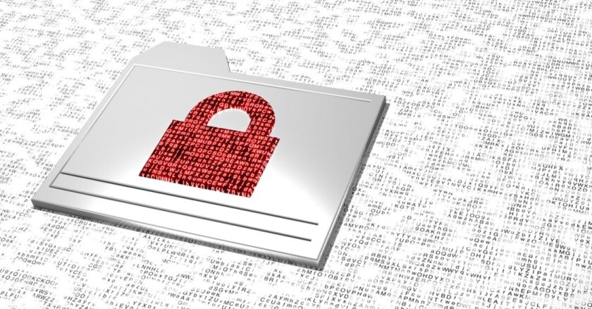 A lock formed from lines of red code on top of a silver file folder icon. The background is lines of black code against a white backdrop.