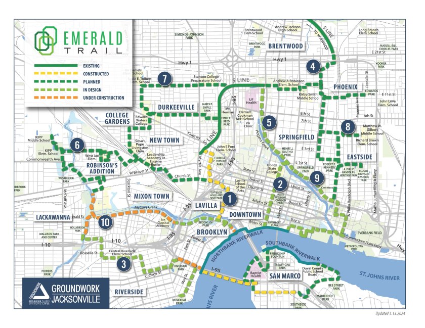 A map of downtown Jacksonville, Fla., showing the route for the Emerald Trail, with different sections of it labeled in different colors depending on their level of completion.