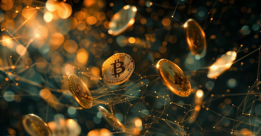 Multiple golden coins with the bitcoin logo on them falling across the image. Dark background.